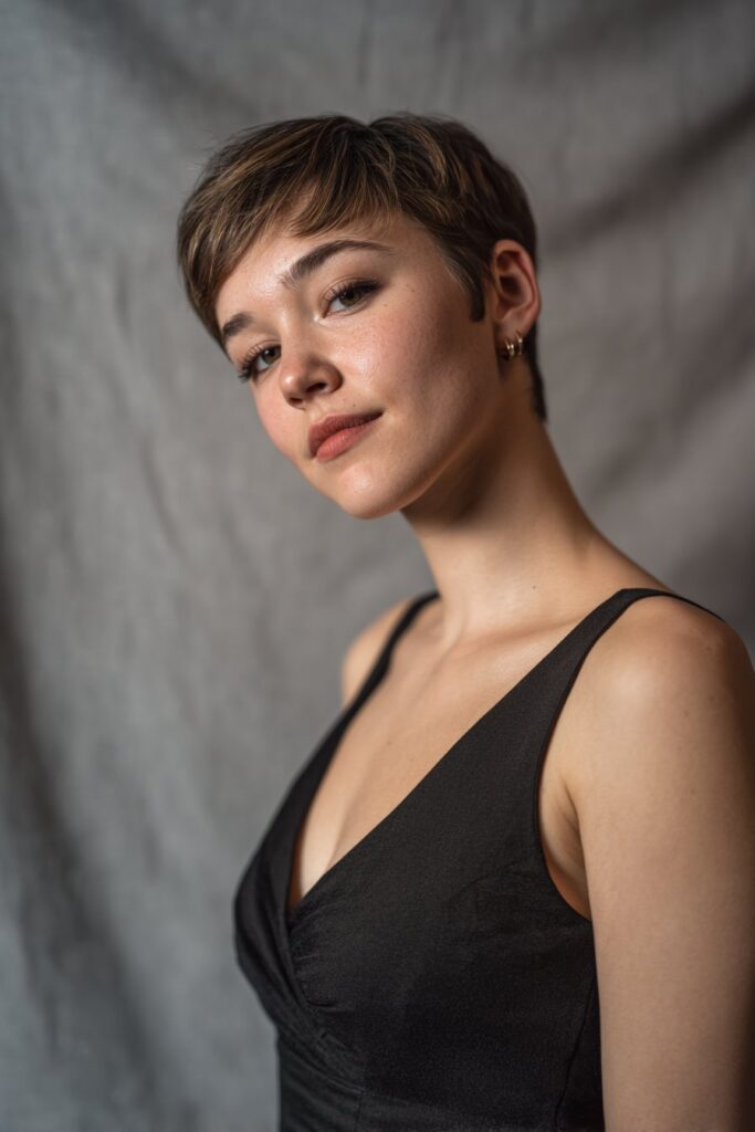 Elegant portrait of Black woman with long pixie cut, deep side part, smooth face-framing layers against gray backdrop.