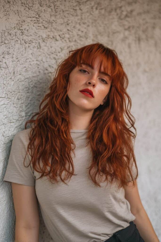 American female model with long vibrant cherry red wavy shag haircut, messy layers, casual emo outfit, textured backdrop.