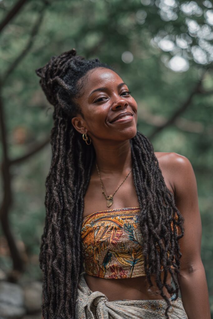 Black woman with thick mambo crochet braids, dramatic volume, vibrant top, forest scene backdrop.