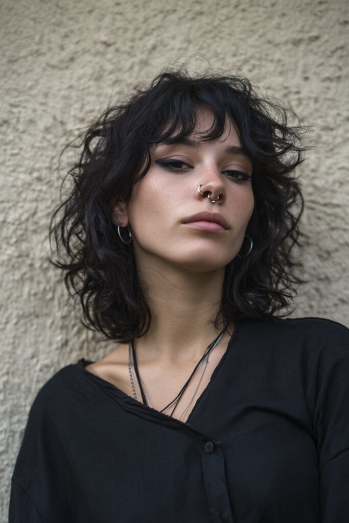 American female model with medium-length wavy black shag haircut, dark eyeliner, piercings, grunge outfit, textured plaster background.