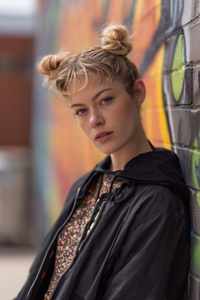 American woman with messy mini buns, playful look, colorful eyeshadow, modern concert wear against brick wall.