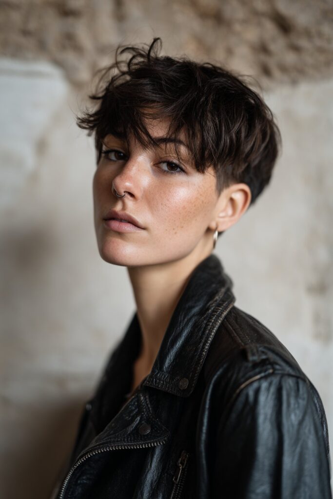 American woman with messy pixie and deep undercut, dark brunette hair, grunge makeup, leather jacket against textured plaster.