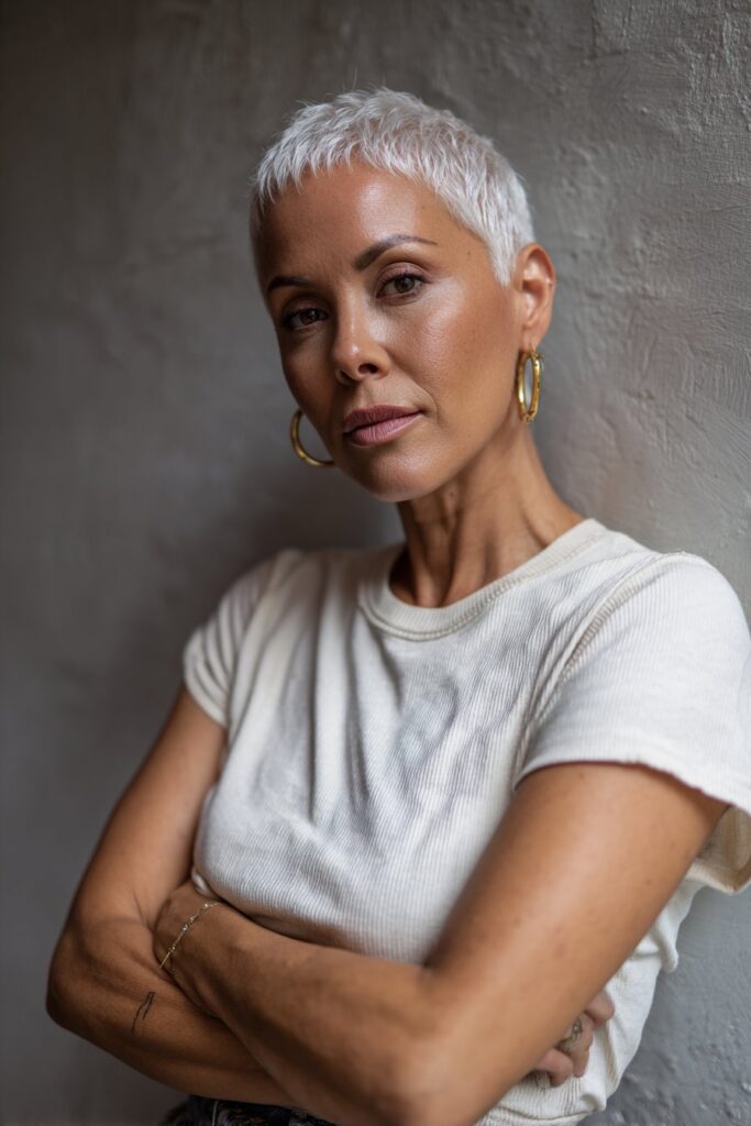 Confident older American woman with sharp pixie cut, ultra-short micro bangs, bold attitude, neutral-toned outfit, textured plaster backdrop.