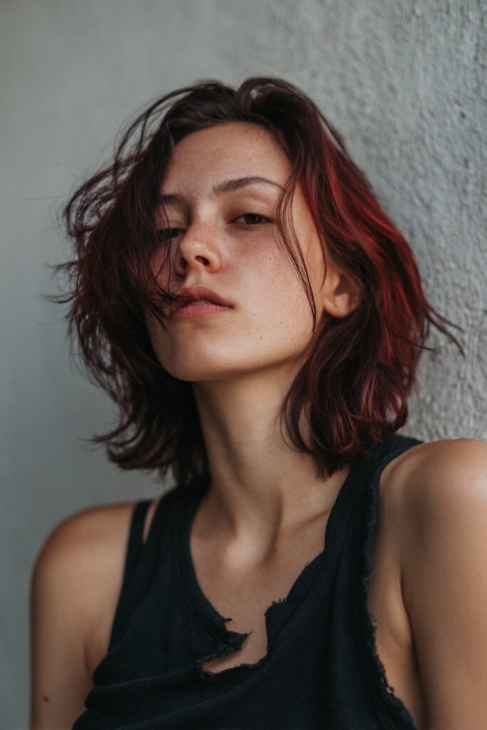 American woman with tousled Miley Cyrus-inspired shaggy mullet, edgy makeup and modern rocker outfit against textured plaster wall.