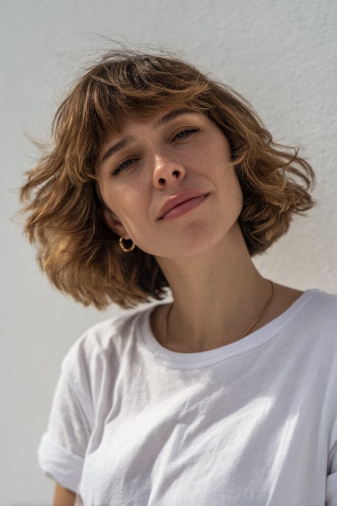 American woman with short wavy shag haircut and textured bangs, playful expression, casual streetwear on clean white backdrop.