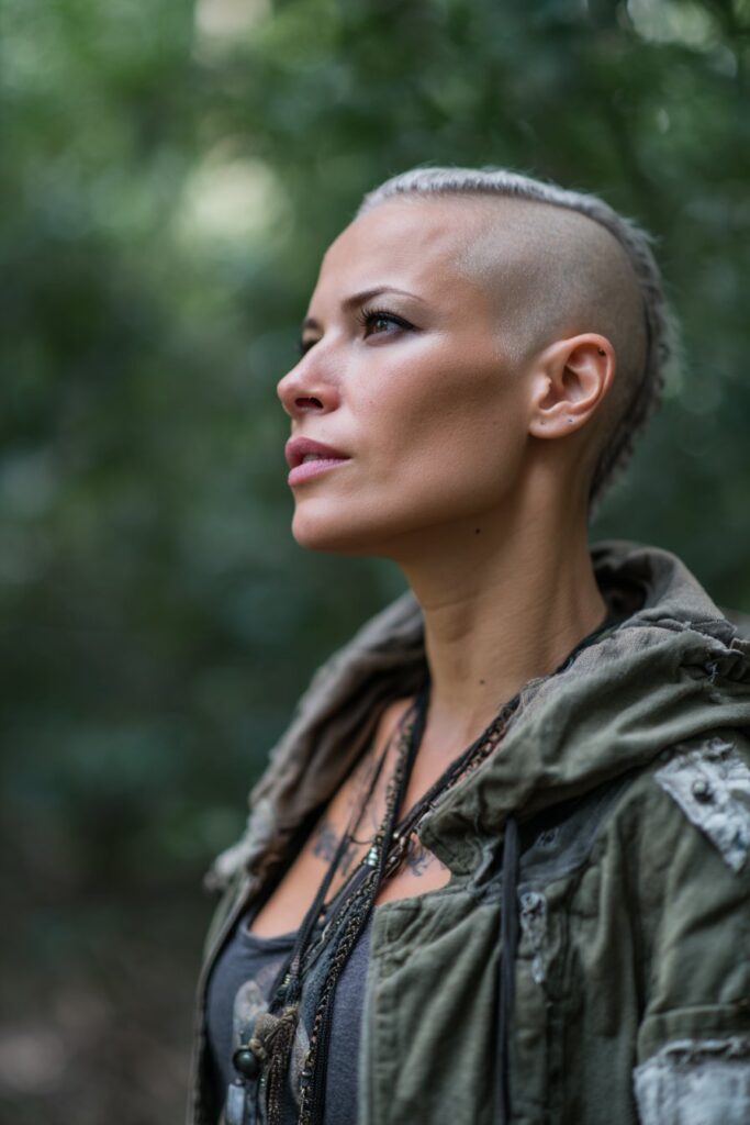 American female model with bold mohawk fade, clean shaved sides, dramatic styling, edgy outfit against natural forest scene.