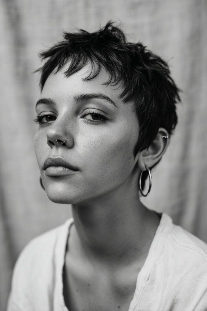 Edgy American woman with mohawk-inspired pixie, shaved sides, voluminous top, leather crop jacket, confident pose against textured plaster.