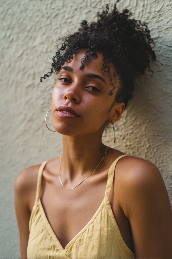 American woman with natural curly twist-out hairstyle, glowing skin, bold concert makeup against textured plaster background.