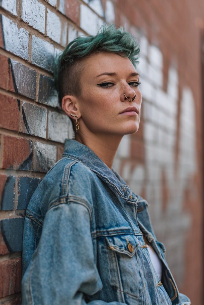 Edgy American model with neon green highlighted spiky undercut pixie hairstyle and bold eyeliner against brick wall.