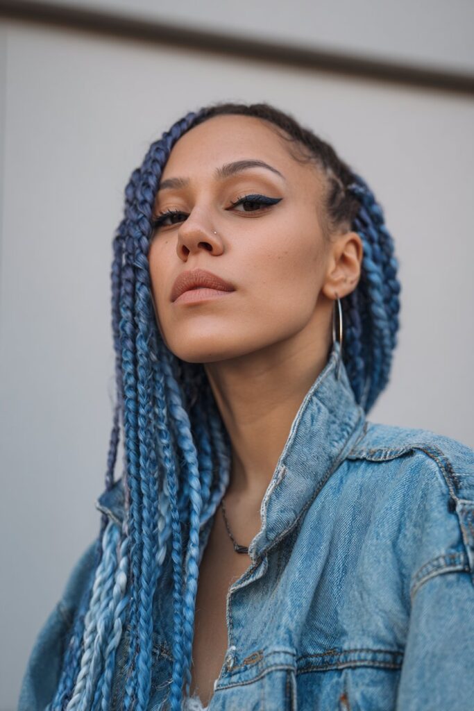 American woman with ombre blue tribal braids, styled down with crisp parting, bold eyeliner, denim jacket, white backdrop.