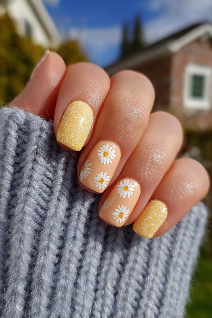 Summer nails featuring soft orange base with delicate white daisy accents on few nails creating cheerful design.