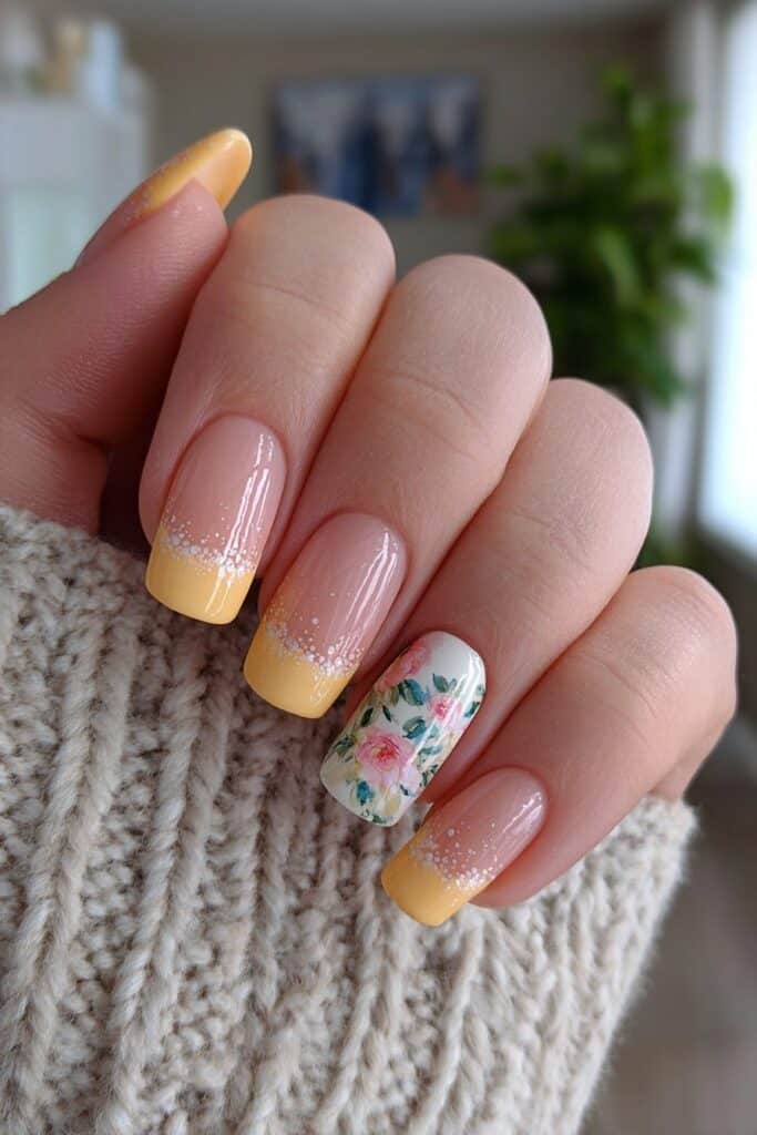 Orange French tip nails decorated with delicate hand-painted floral accents creating soft botanical summer-themed nail art design.