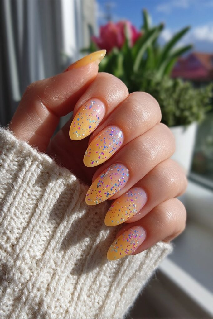 Translucent orange jelly nails sprinkled with colorful confetti glitter creating fun and festive summer celebration manicure design.