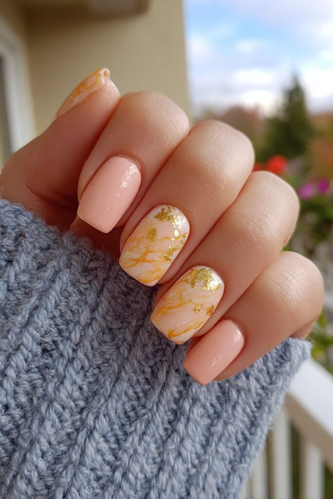 Elegant orange marble nail design accented with streaks of gold foil creating glossy and refined radiant summer.