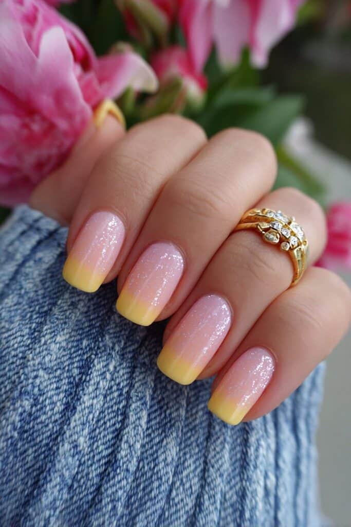 Colorful orange French tips blended with soft pink accents creating vibrant multi-toned summer nail art design combination.