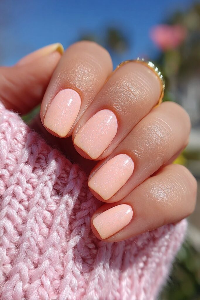 Summer nails in soft blend of peach and creamy orange tones with glossy finish creating subtle.