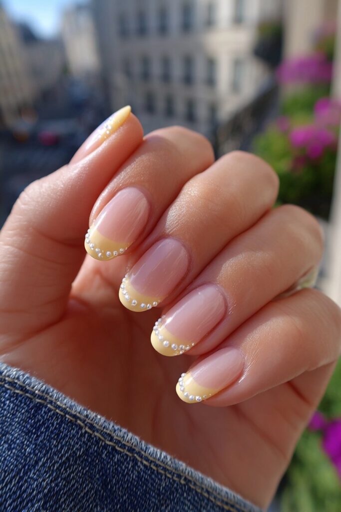 Elegant orange French tip nails embellished with small pearl details along tip line for feminine sophisticated nail design.