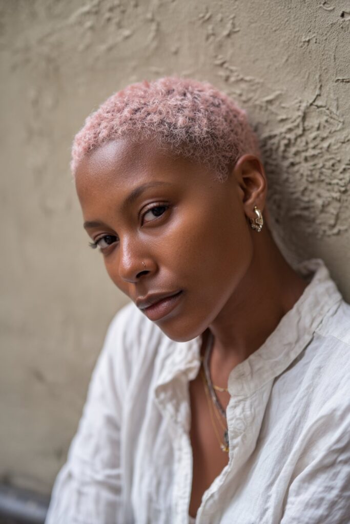 American female model with 4C hair in pastel pink pixie cut, creative vibe, artistic makeup, fashion photo, textured backdrop.