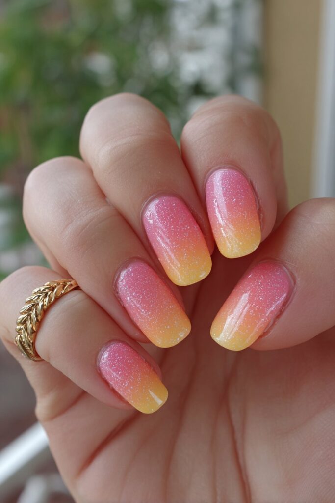 Summer nails blending bright pink into orange in seamless ombré effect on each nail creating vivid design.