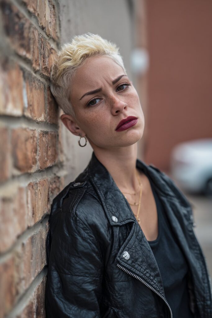 American woman with edgy pixie faux hawk, rocker style, dark lipstick, urban portrait against brick wall.