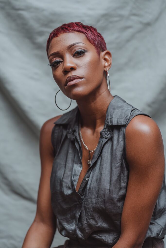 Vibrant portrait of Black woman with cherry red dyed pixie cut, sleek finish, rich color against gray backdrop.