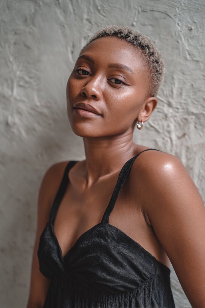 Elegant portrait of Black American woman with pixie cut and soft curtain bangs, natural glow against plaster backdrop.