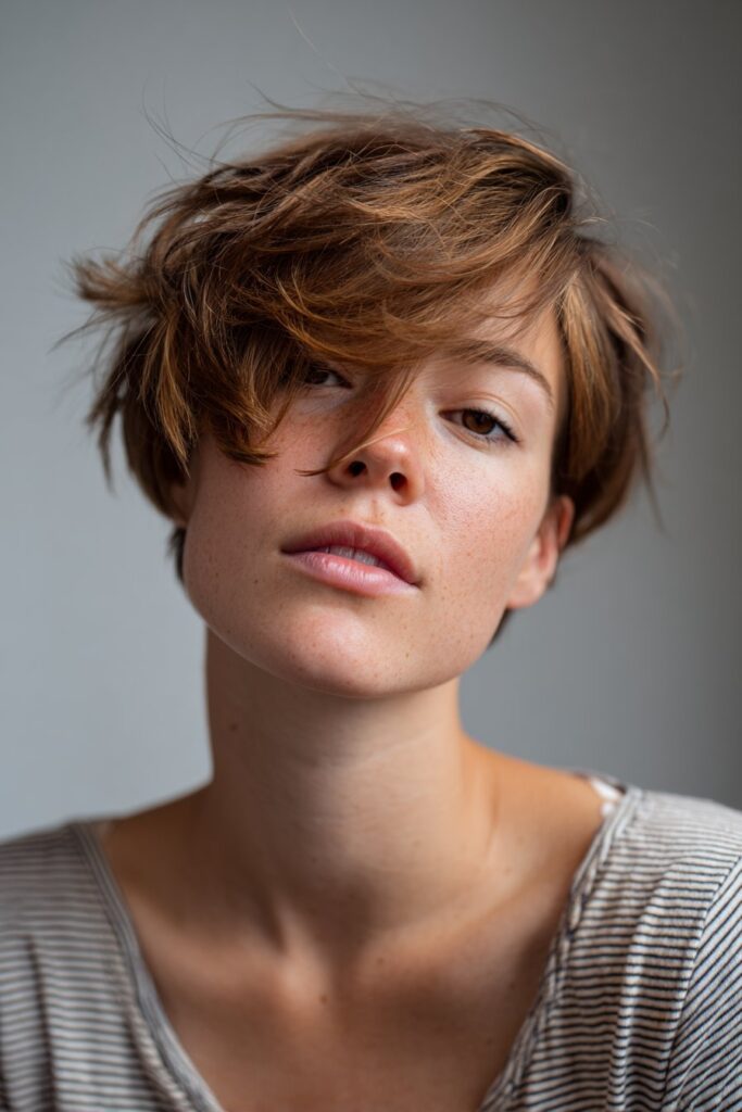 American model with disconnected layered pixie in soft lavender hue, minimalistic edgy style photographed against seamless white backdrop.