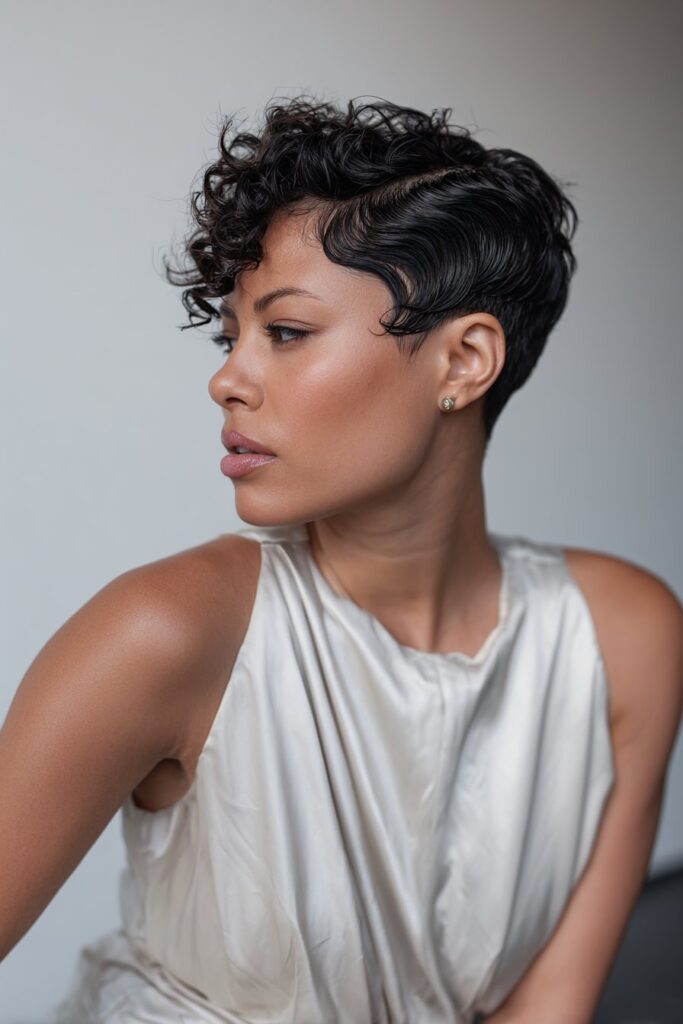 Vintage-inspired portrait of Black woman with finger wave pixie cut, glossy defined ridges, glamorous styling against white backdrop.