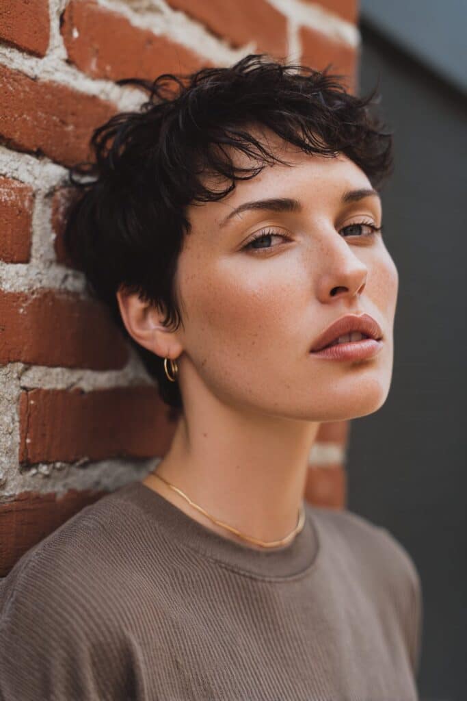 American woman with sharp V-cut nape pixie, icy blonde tone, fierce styling, bold brows, edgy confidence, white.