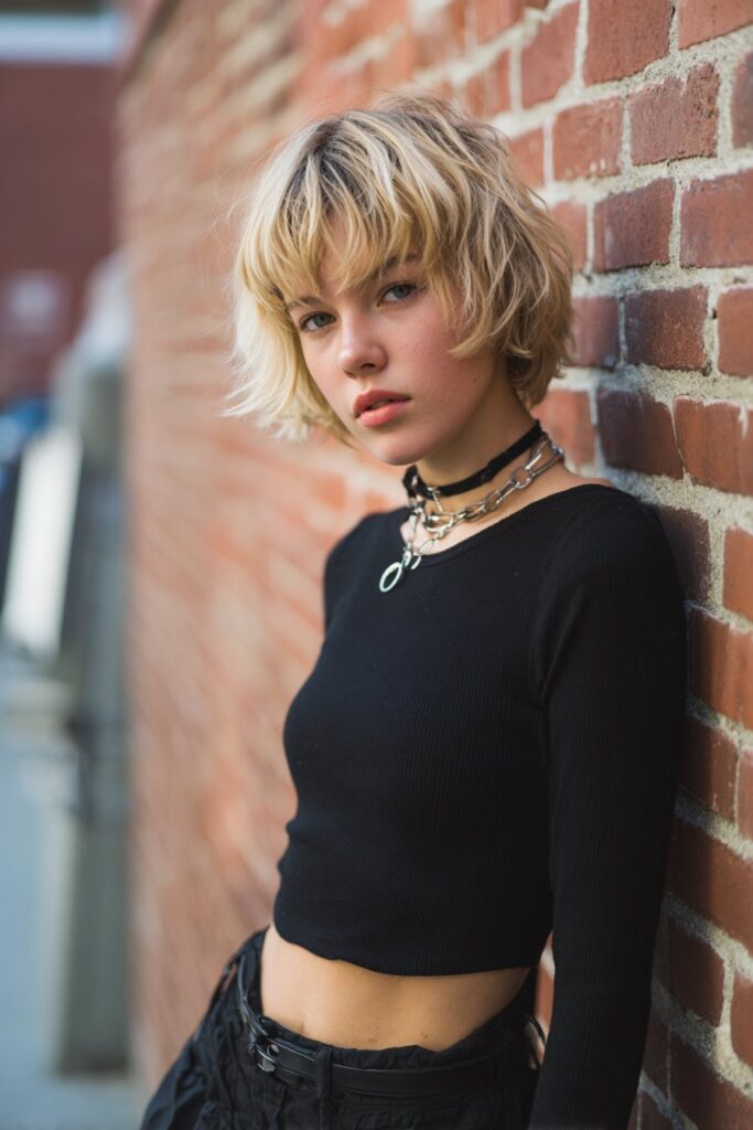 American female model with short platinum blonde faux hawk, shaved sides, dramatic styling, bold lips, street style, white backdrop.
