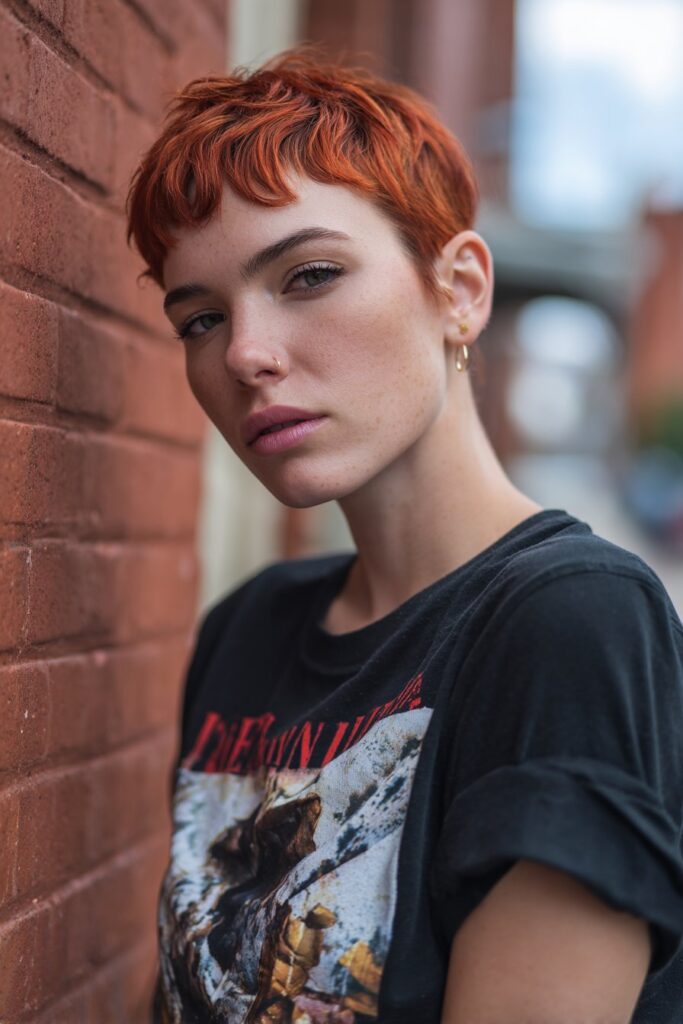 Bold American female model with 4C hair in vibrant red pixie cut, fierce pose, graphic tee, urban brick backdrop.