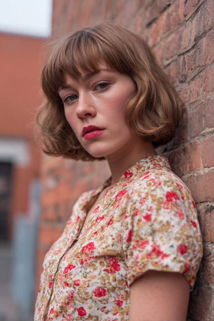 American woman with retro short shag haircut and arched bangs, vintage-inspired outfit, soft makeup against urban brick.