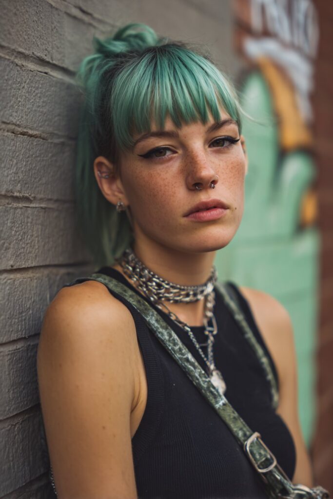 American woman with vibrant emerald green punk shag haircut, bold eyeliner and chain accessories against urban brick wall.