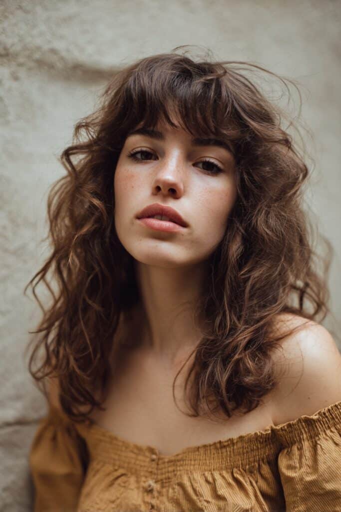 American model with thick voluminous butterfly layers, long bangs, soft curls, rosy cheeks, warm skin, plaster background.