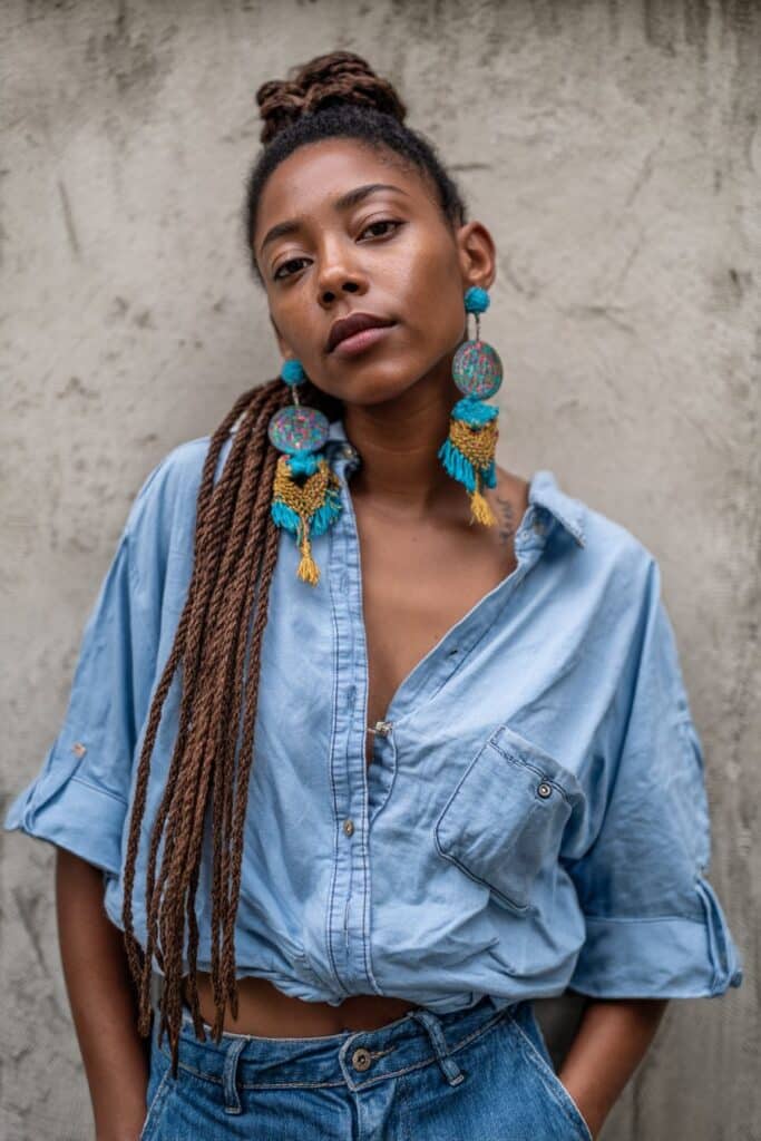 Confident portrait of American Black woman with long rope twist pigtails and vibrant accessories against textured plaster background.