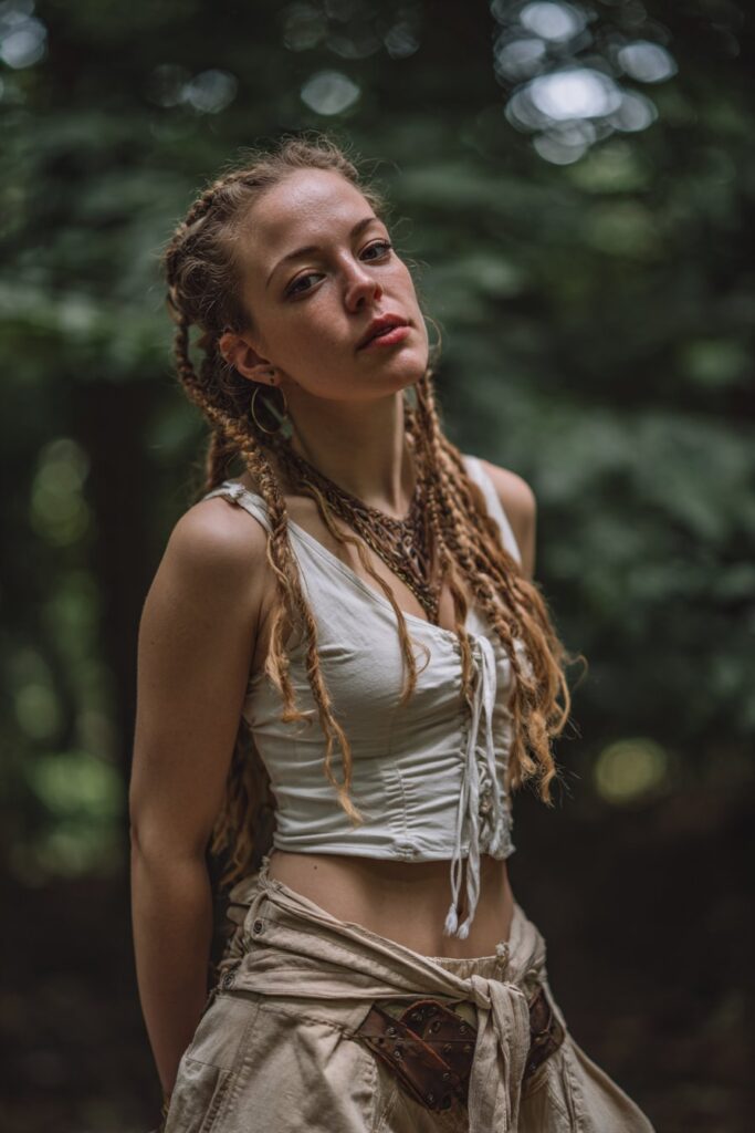 Natural outdoor portrait of American woman with long rope twist pigtails in stylish urban look against forest backdrop.