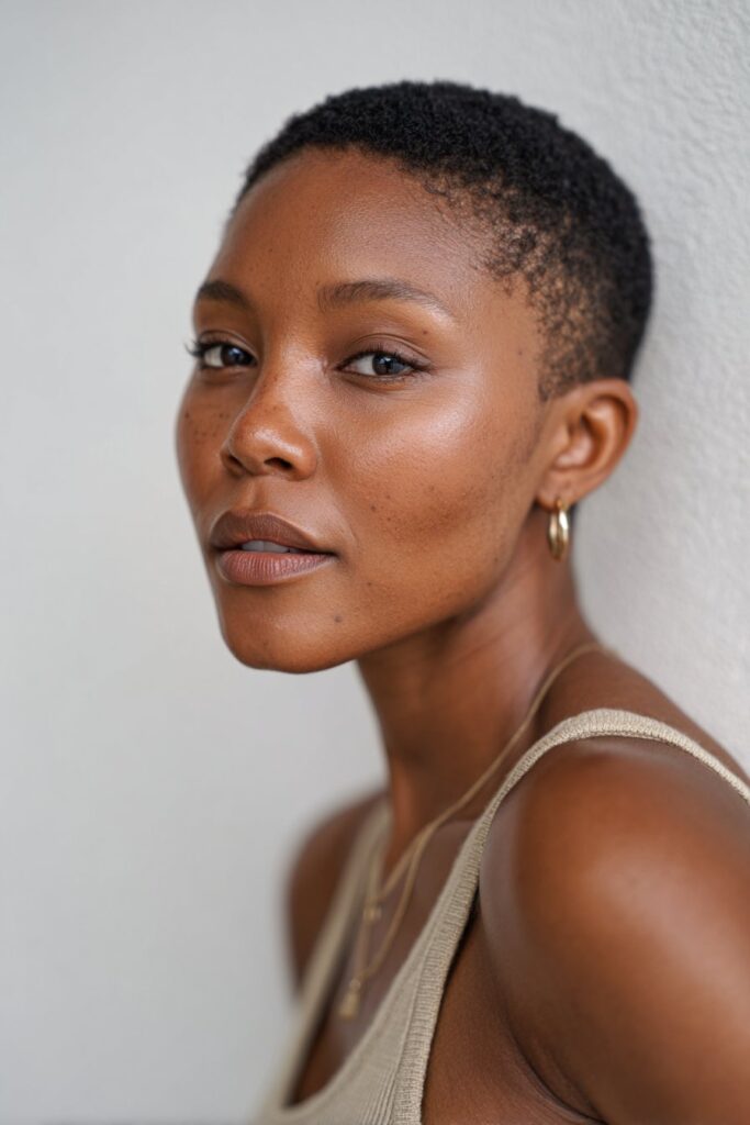 American woman with 4C hair in neatly rounded pixie cut, soft makeup, confident expression, minimalist outfit, white backdrop.