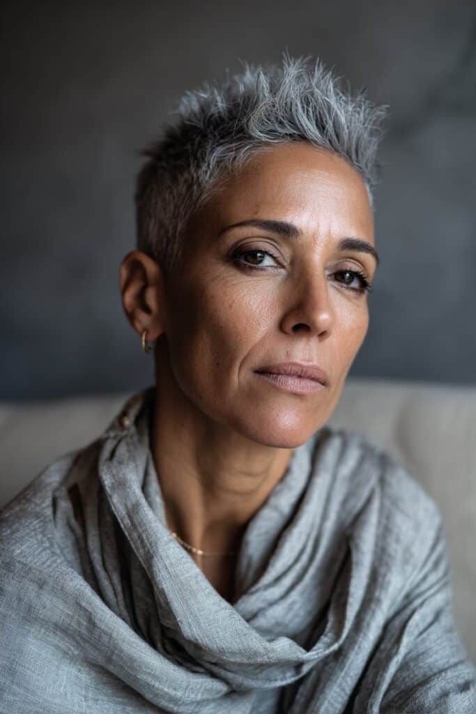 Elegant mature American woman with salt-and-pepper spiky pixie cut displaying confident expression against gray fabric background.