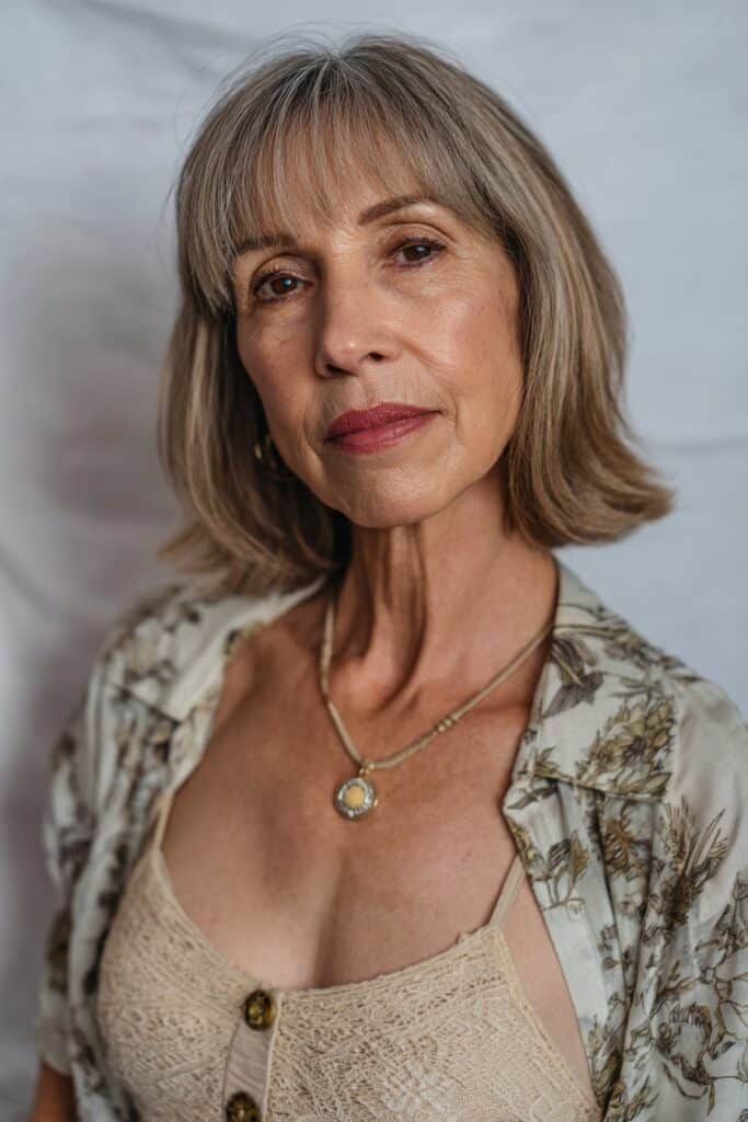 Older American woman with lightweight see-through bangs, shoulder-length hair, soft makeup, delicate outfit, seamless white backdrop.