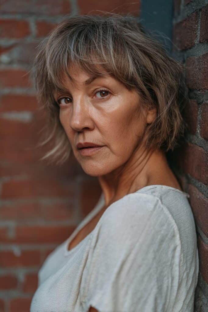 Edgy older American woman with shag haircut, messy shaggy bangs, expressive eyes, cool-toned top, urban brick wall backdrop.