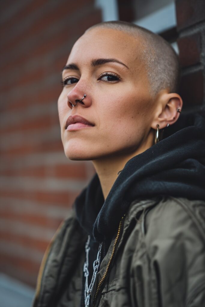 American female model with bold shaved undercut hairstyle, strong brows, subtle piercings, edgy street style against brick wall.