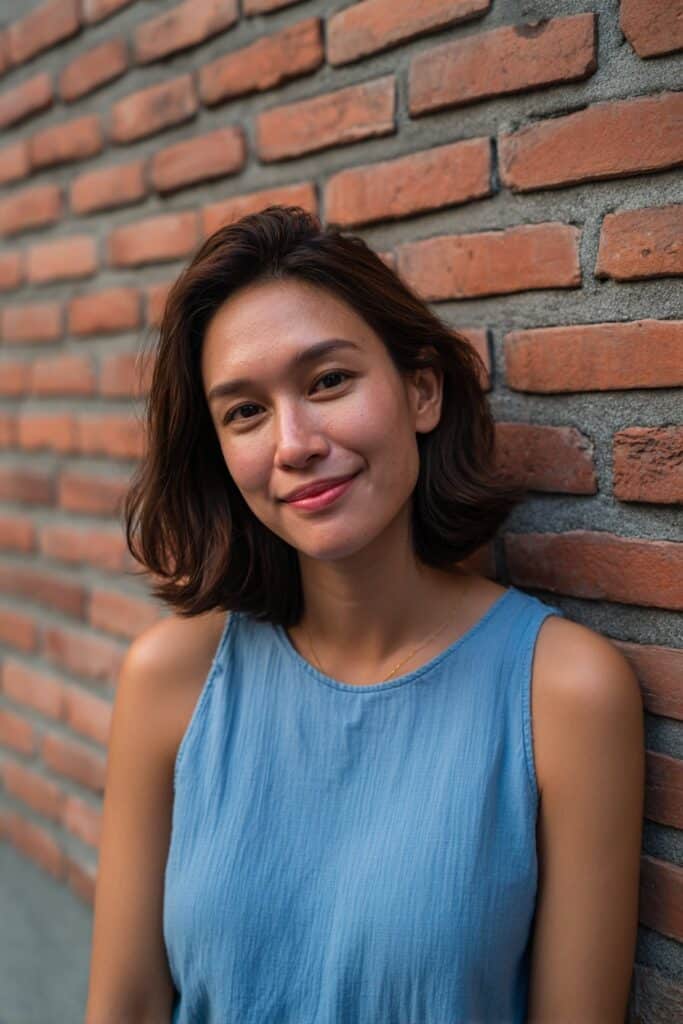 Portrait of American woman with round face and short butterfly haircut displaying playful smile against brick wall.