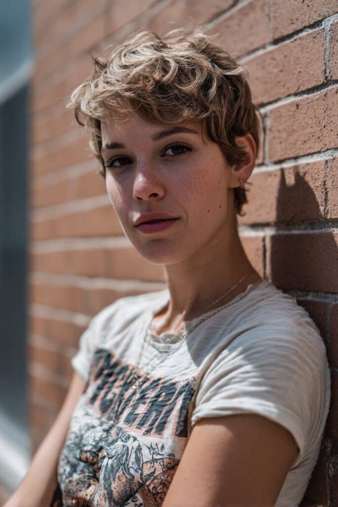 American female model with short choppy emo shag, side-swept bangs, punk rock tee, warm skin, brick wall.