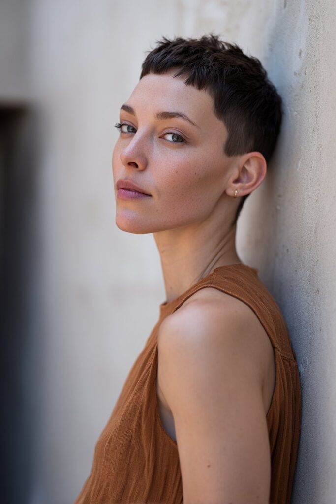 Confident American woman with short spiky hair and sharp side part displaying clean modern style against plaster.