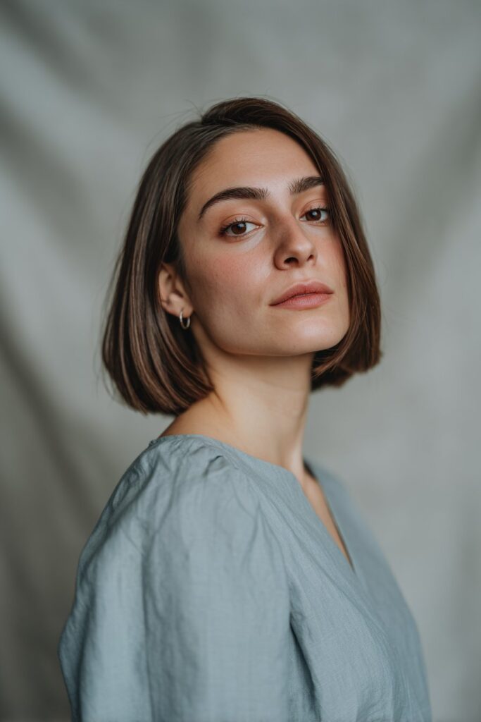 American woman with sleek straight butterfly haircut, center part, natural brown color against soft gray fabric.