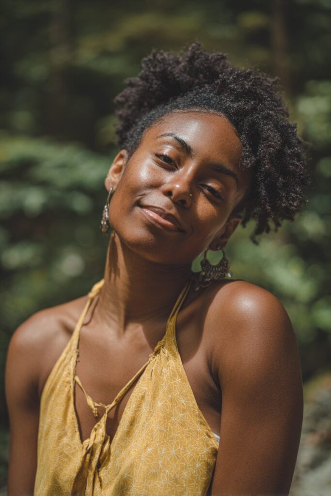 Relaxed portrait of Black woman with short 4c afro, soft side part, defined curls in natural forest setting.