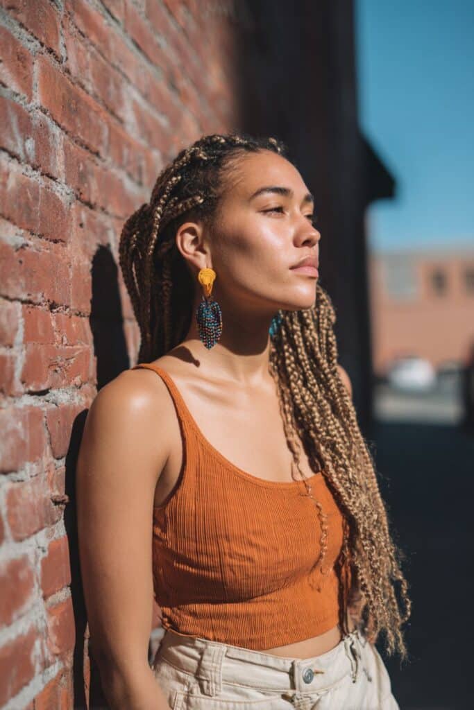 American woman with side-parted tribal braids, bold earrings, glowing skin, trendy streetwear outfit against urban brick wall background.