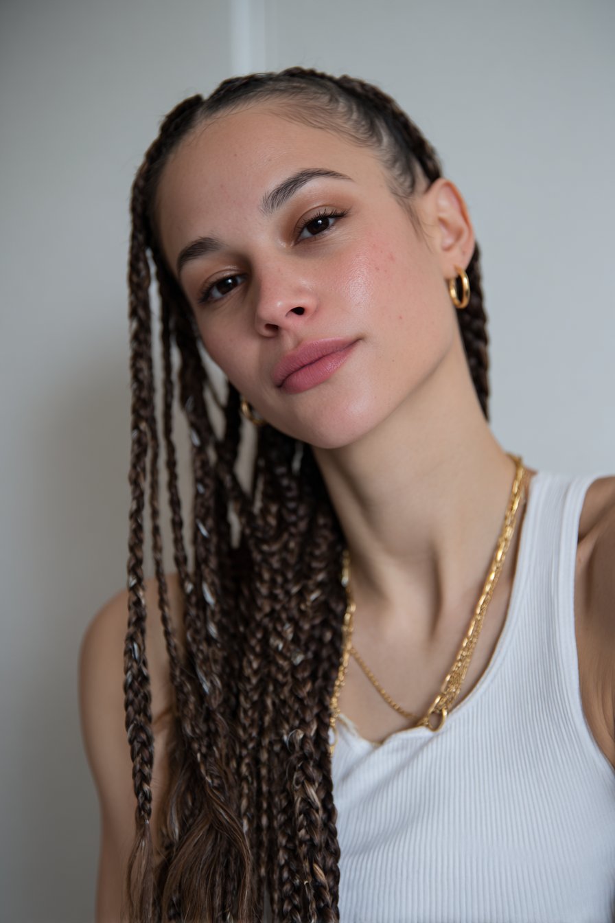 Studio portrait of American model with long side-parted braids and minimal gold accessories against white seamless backdrop.