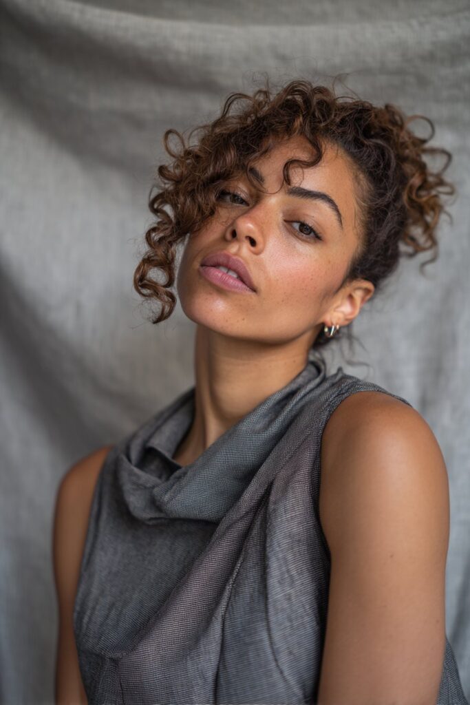 Sophisticated portrait of American woman with side-parted curls, gentle curtain bangs against soft gray fabric backdrop.
