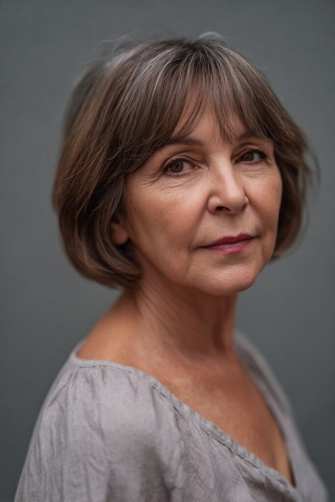 Elegant older American woman with short bob, soft side-swept bangs, subtle smile, gentle lighting, soft gray fabric background.
